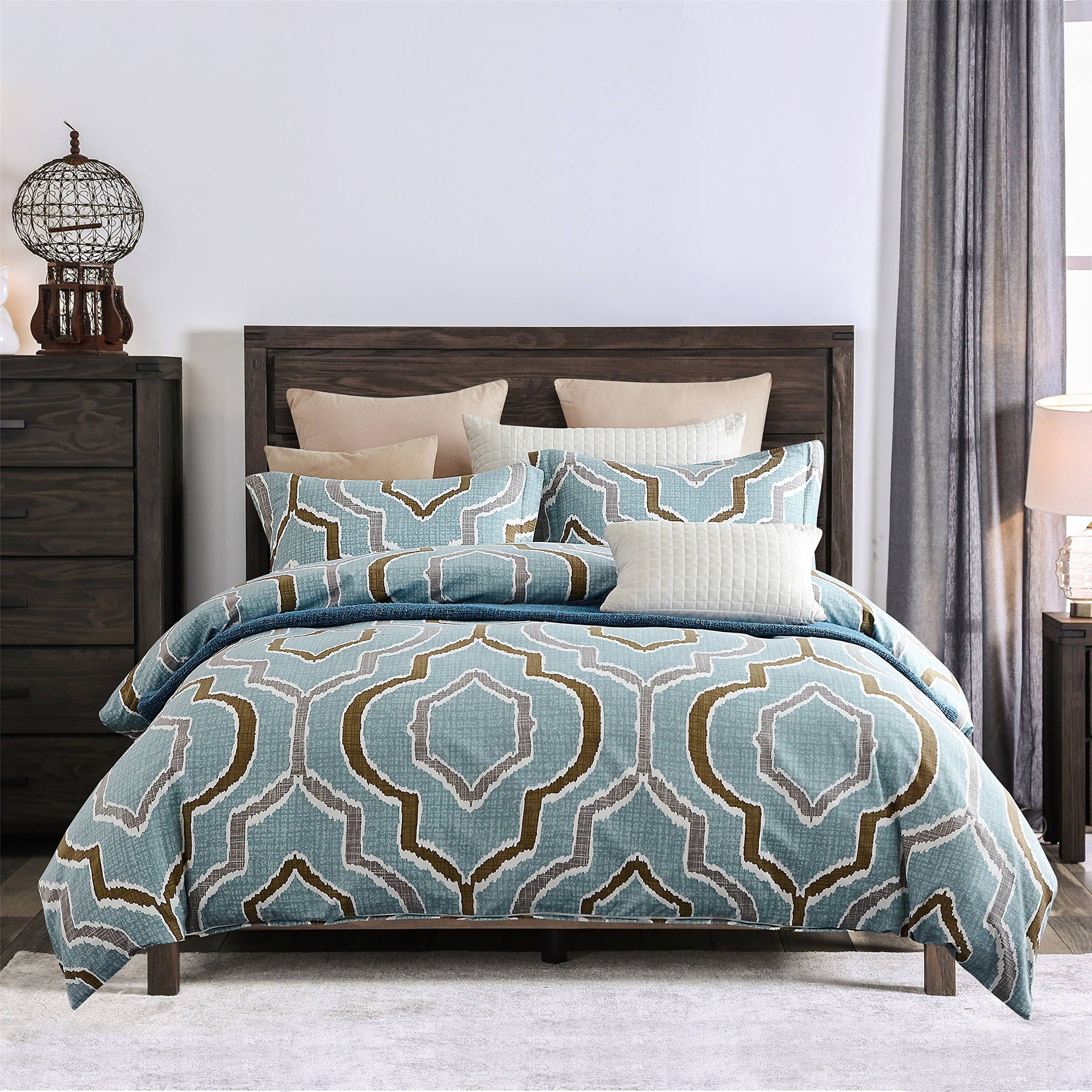 Queen Geometric Pattern Duvet Cover Set, Chic Blue Print Bedding Sets, 3 Pieces(1 Duvet Cover+2 Pillow Shams),1500 Threat Count, Hypoallergenic Microfiber, With 4 Corner Ties, Zipper Closure