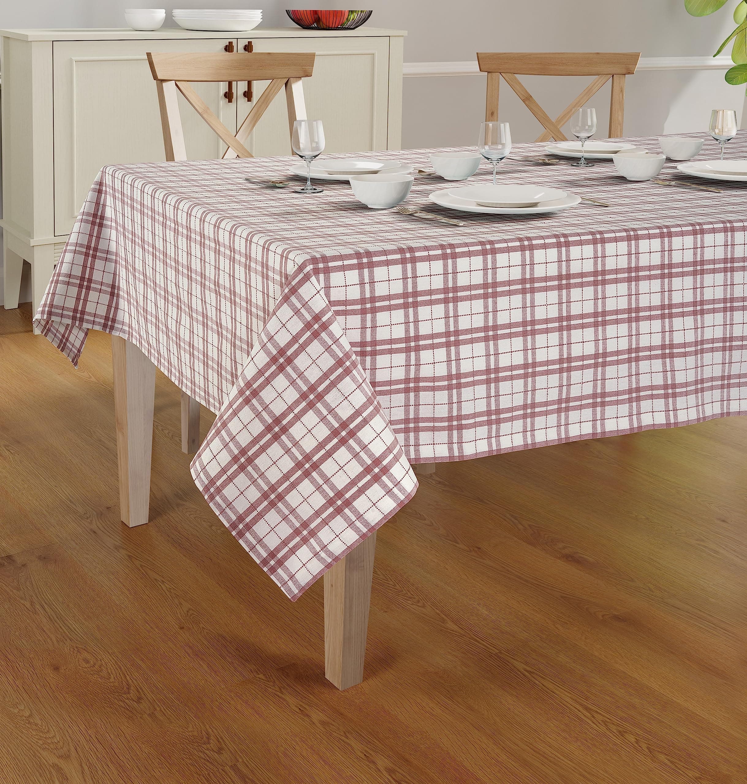 Cotton Table Cover - Rectangle Tablecloth - Wrinkle Free Cover - Cotton Mitered Stitched - Dobby Check - Kitchen Dining, Wedding, Decorations, & Parties - 60'' x 84' - Dark Pink