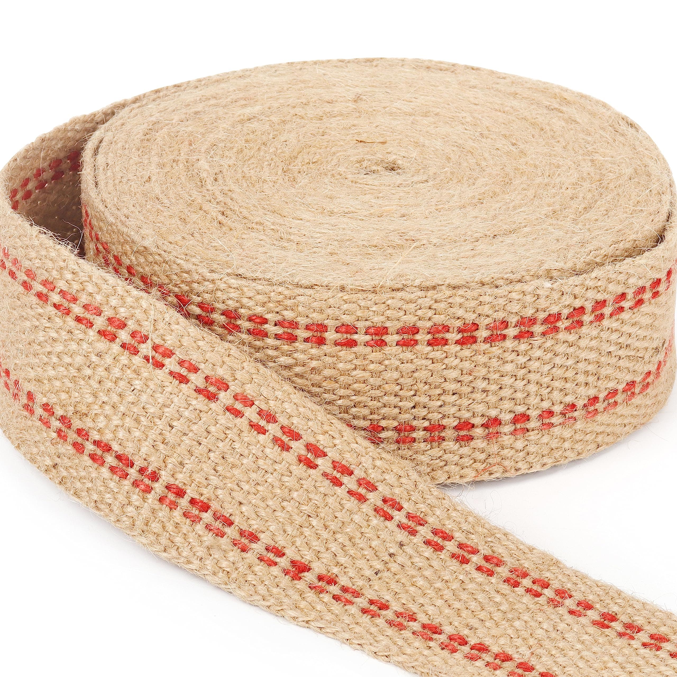 ZAIONE 10 Yards Width 2" Roll Natural Burlap Red Line Jute Webbing Ribbon Upholstery Chair Webbing Tape for Outdoor DIY Gear Repai (Red Stripes)