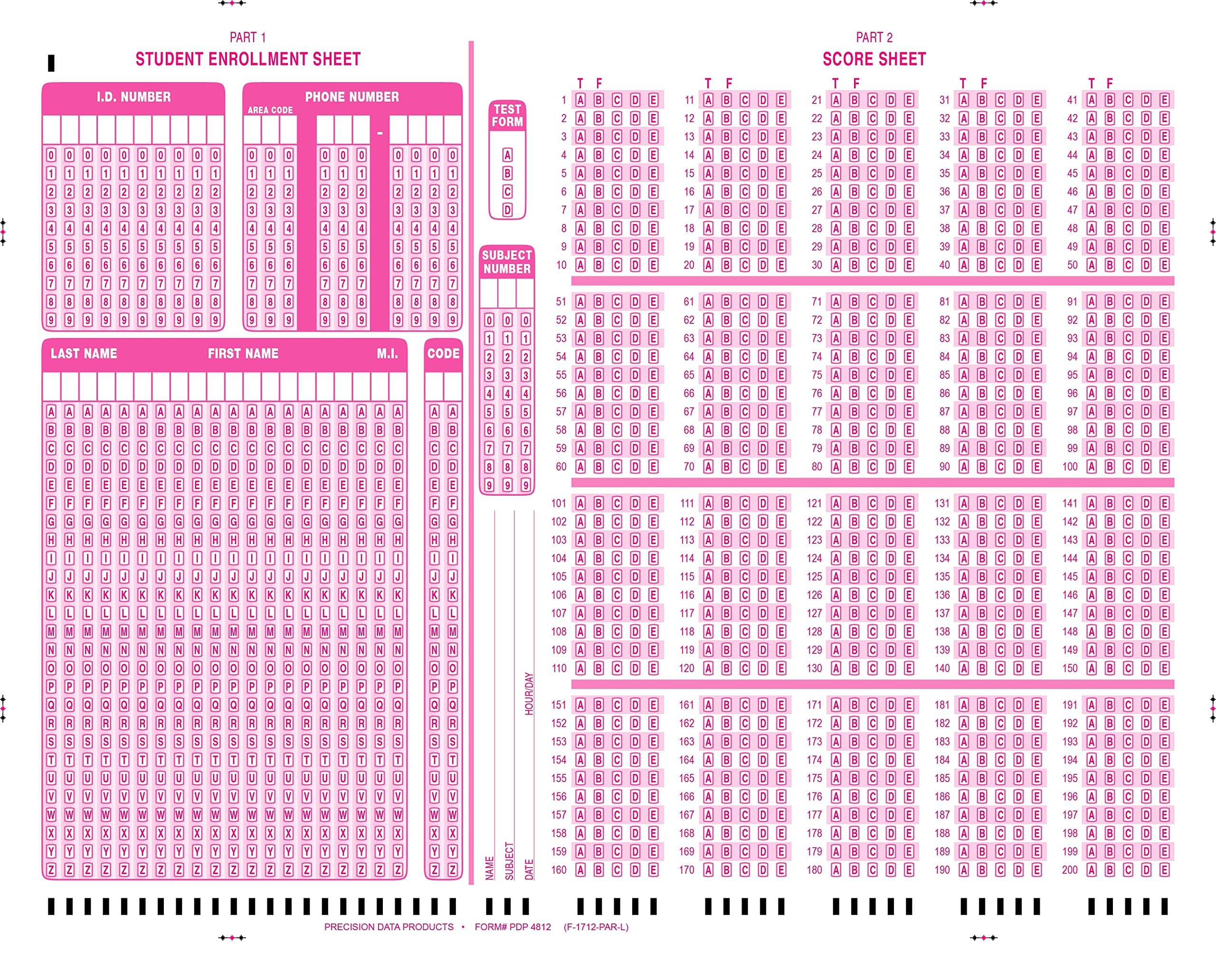 PDP 4812, (1712-PAR-L Compatible Testing Sheet by PDP) 200 Question General Purpose Form 500/pkg