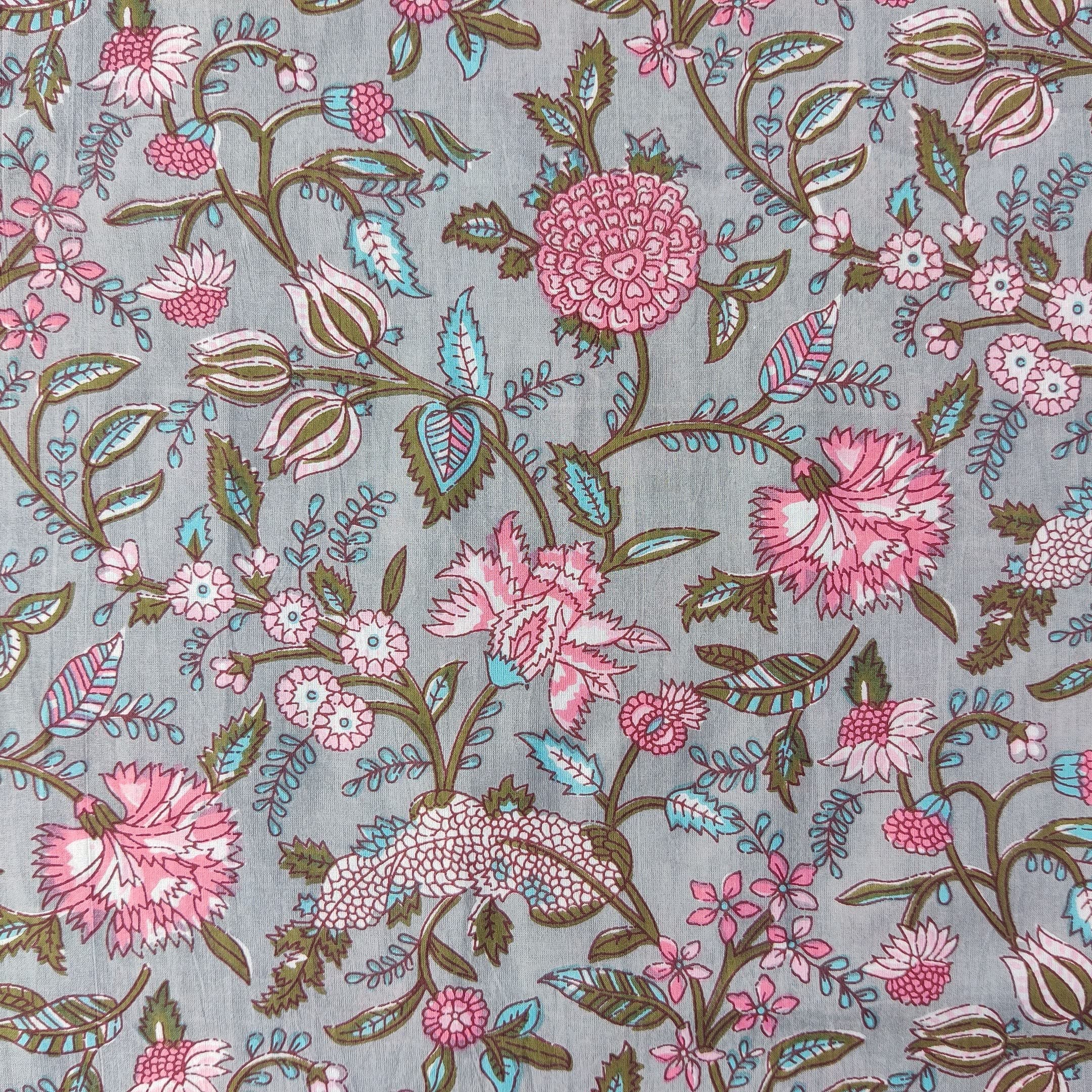 AVKA Studio Hand Block Print Fabric by The Yard - PRECUT 1 Yard 42 Inch Width - 100% Cotton Material - Grey & Pink Floral Pattern - Light Weight Indian Cloth for Making Summer Dress Tops Indian Fabric
