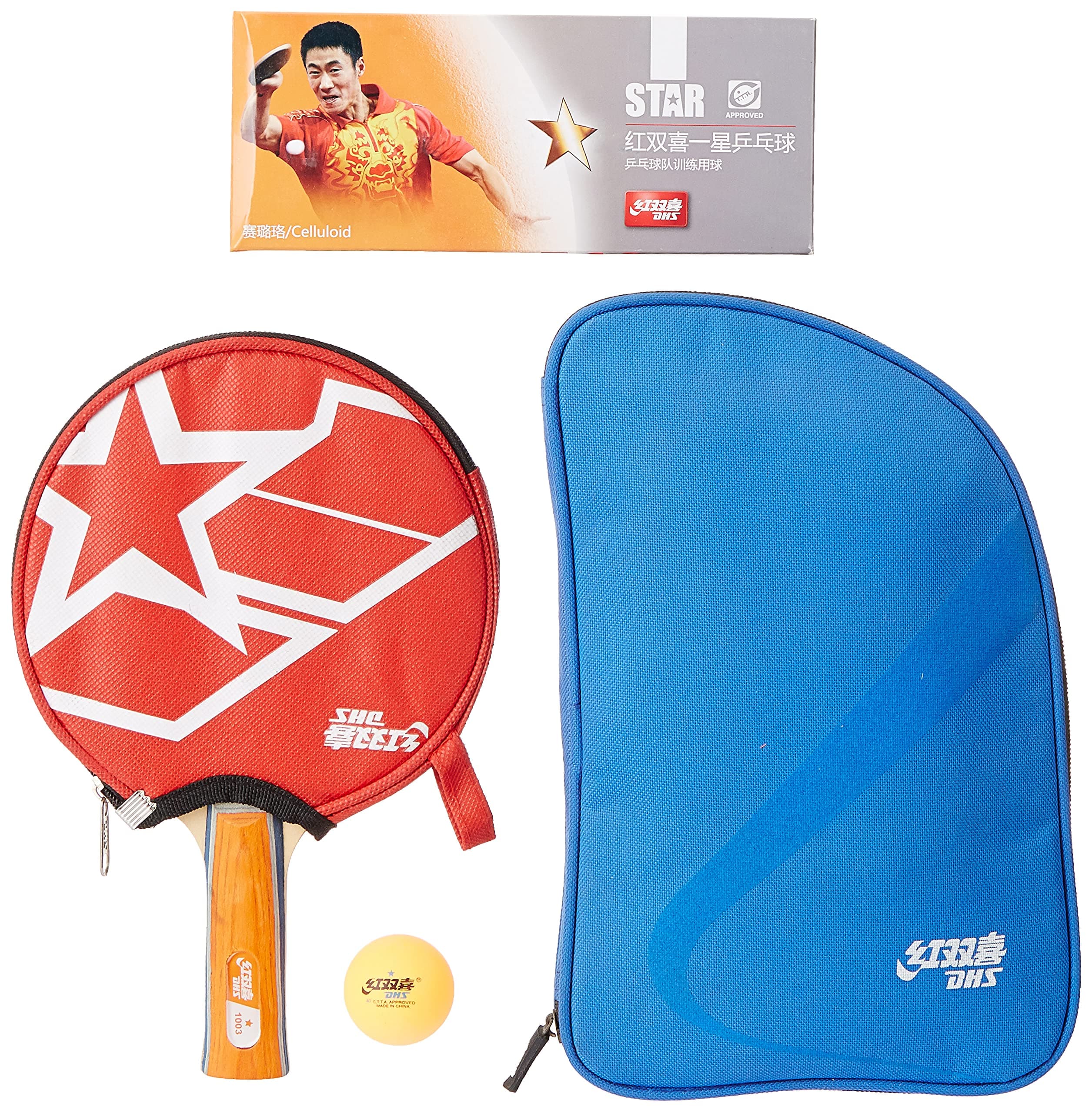 TT BAT A1003 DHS WITH TT BALL DHS 40MM 1 STAR ORANGE (60 Pcs Box) AND TT BAT COVER RC104 DHS BLUE