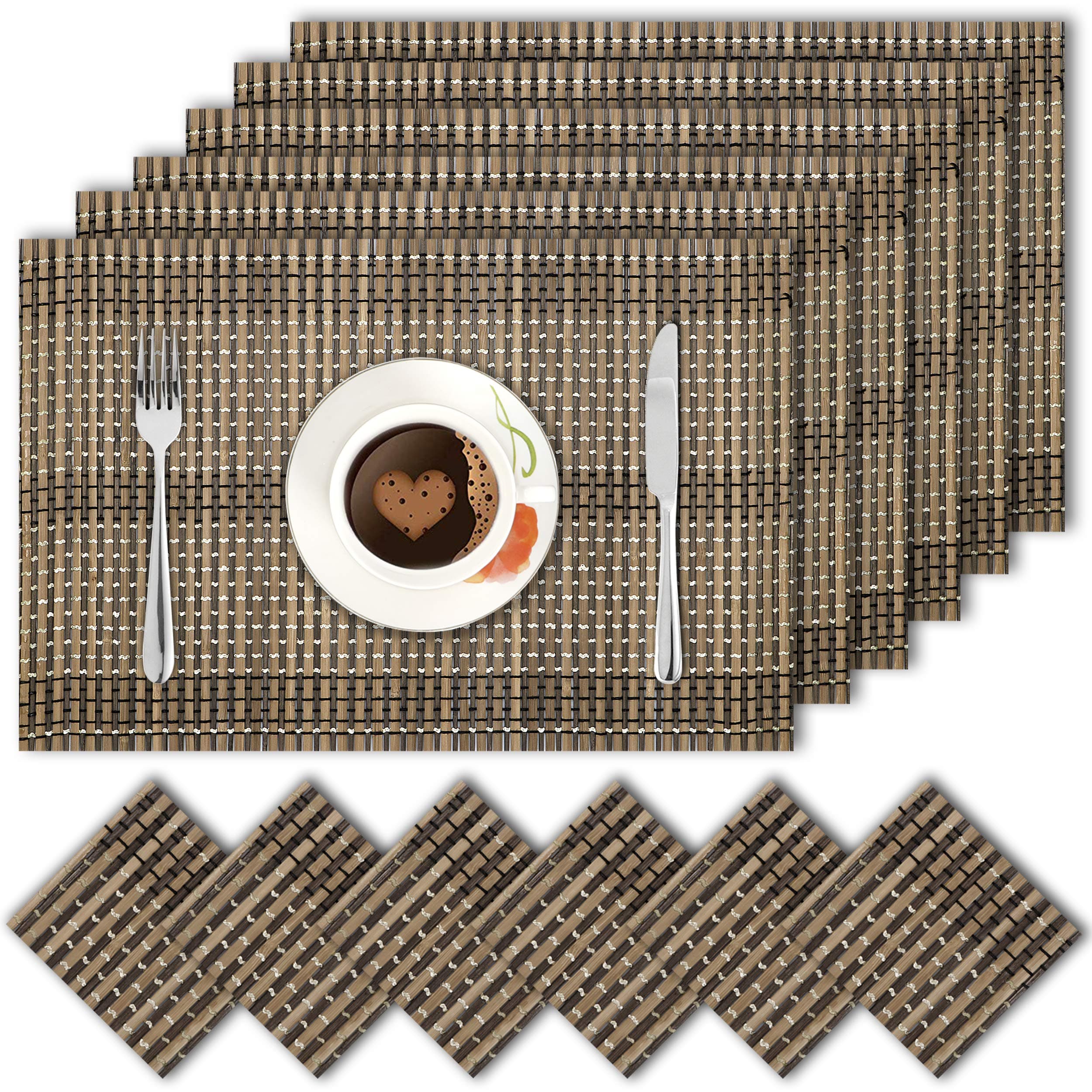 Yun Hai Bamboo Rectangular Dinner Table Placemats and Tea Coasters (Brown Stripe) - Set of 6 Pieces