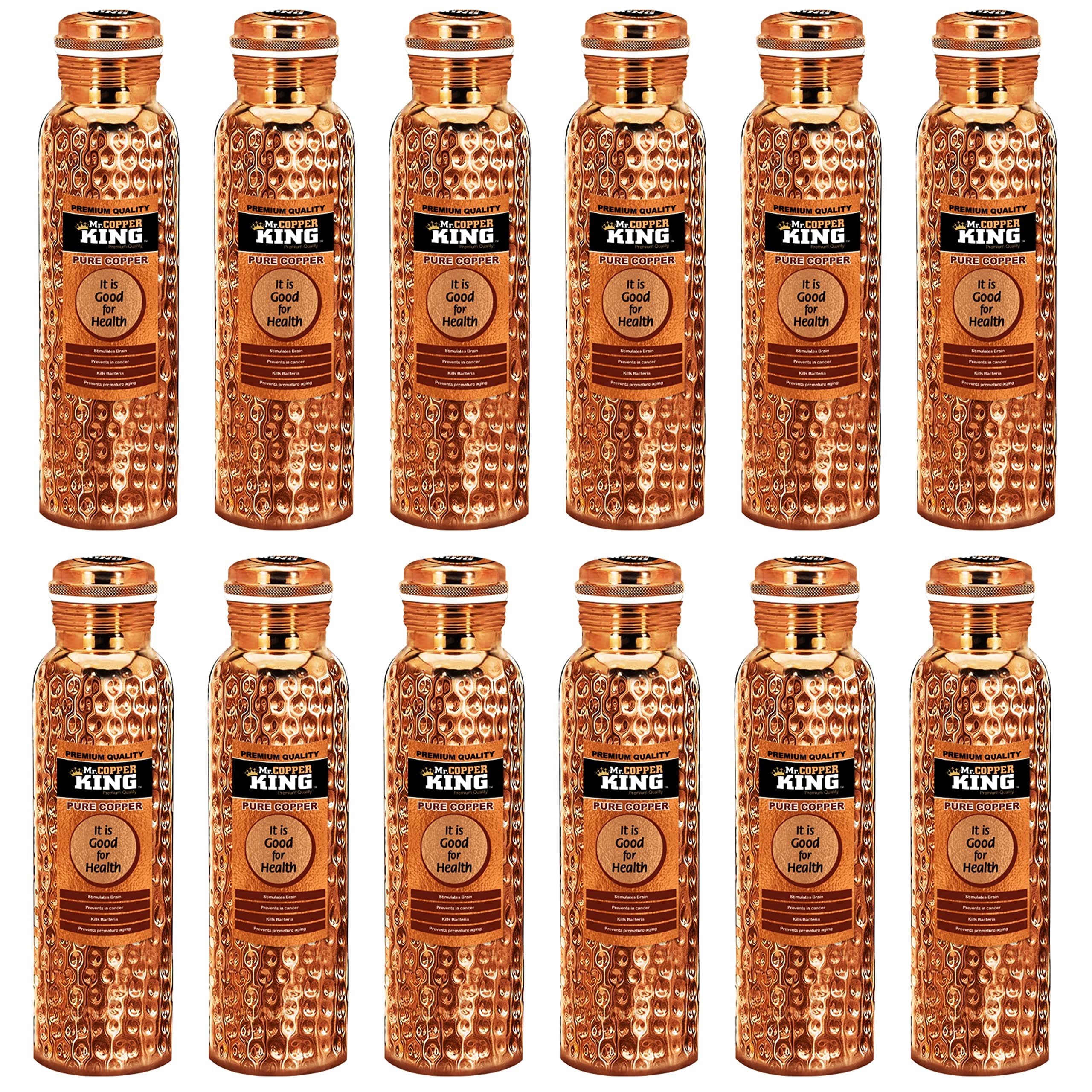 Mr.Copper King Copper Bottles, 100% Pure Copper Anti Rust Anti Oxidant Leak Proof Copper Bottle BPA Free Kitchen Accessory, Fancy Hammered Set Of 12 Bottles For Kids Office Gym Home & Travel (950 ML)