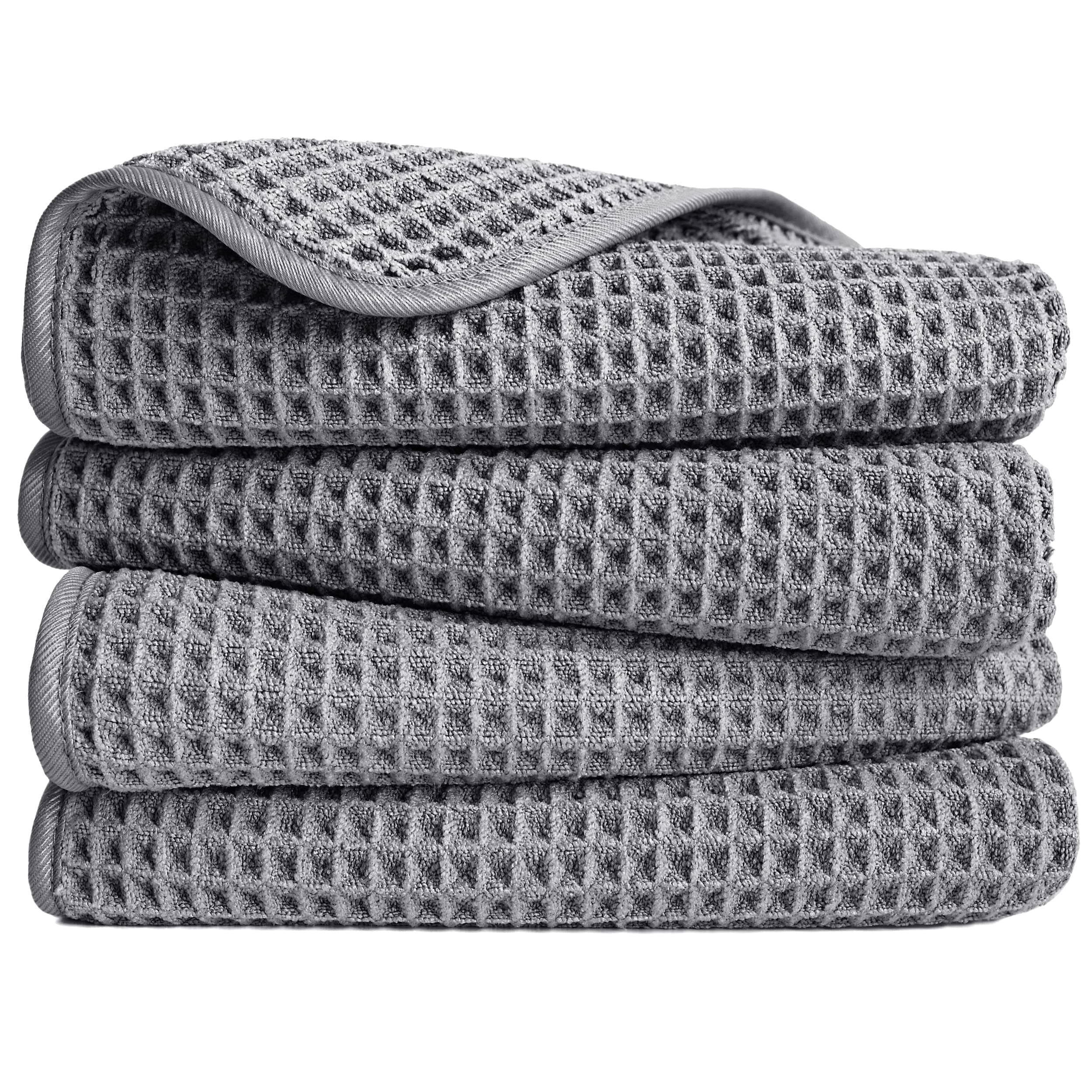 POLYTE Microfibre Lint Free Hand Towel, 40 x 76 cm, 4 Pack (Grey, Waffle Weave)