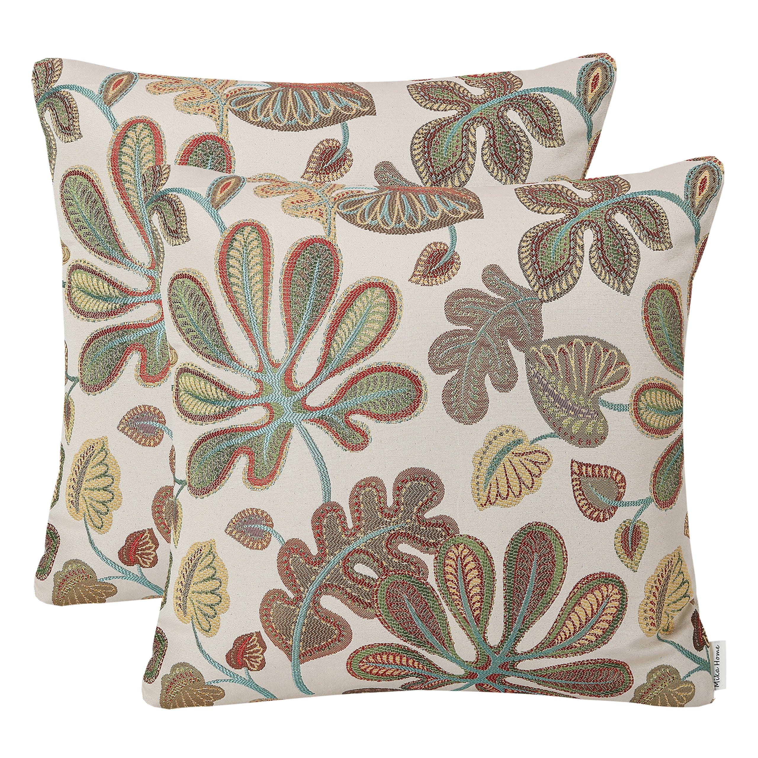 Mika Home Pack of 2 Tropical Leaves Pillow Covers 20x20 Inches Teal Cream