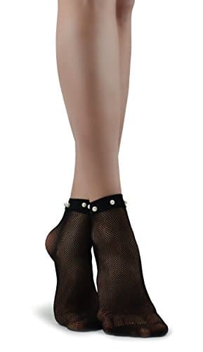 Women's Black Fishnet Mesh Ankle Socks With Pearls
