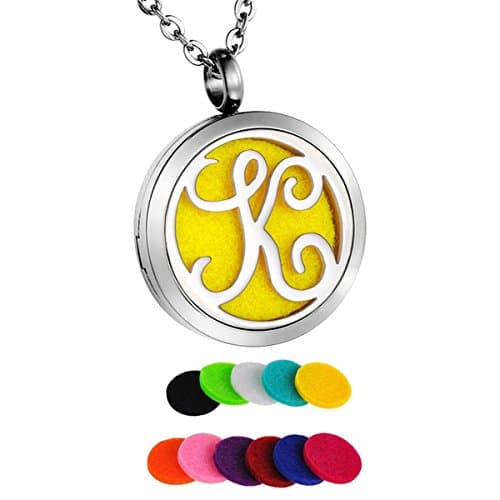 Aromatherapy Essential Oil Diffuser Necklace Sliver Tone Monogram Letter K Locket Pendant