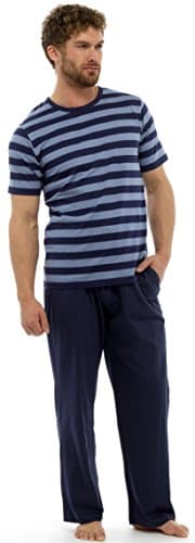 Mens Soft Comfy Two Tone Light Grey and Blue Striped T Shirt Round Neck Top with Plain Baggy Trousers Jersey Pyjama Set XL