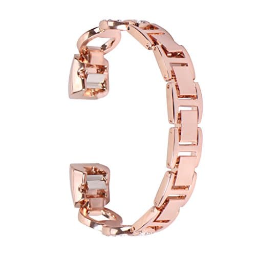 For Fitbit Alta and Fitbit Alta HR Straps, MeiC Power Women Jewelry Accessories Luxury Glitter Diamond Loop Bracelet Stainless Steel Wristband Smart Watch Bands Replacement Accessories Wrist Straps with Adjustable Removable Links for Fitbit Alta / Alta HR, Rose Gold
