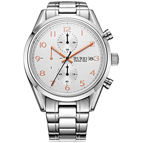 BUREI Men's Precise Chronograph Quartz Multifunction Wrist Watches with Scratch-resistant Sapphire Crystal Lens Metal Band