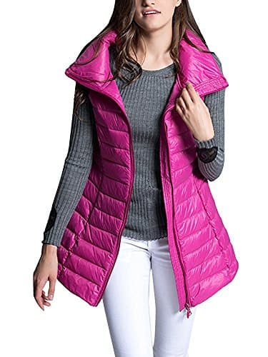 Greaten Women's Mid Long Down Vest Puffer Lightweight Down Jacket Stylish Windbreaker Coat Fushia Large