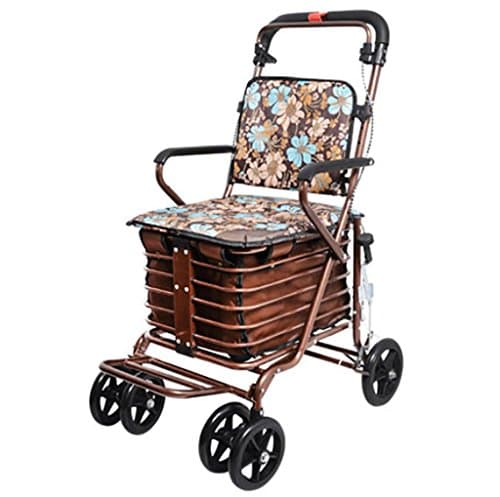 M&A Elderly Walker Foldable Portable Trolley 4 Wheel Shopping Cart Comfortable Chair , Gold