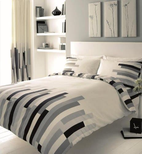 Duvet Cover Double Polycotton Printed Complete 4Pcs BEDDING SET With FITTED SHEET, Blocks Black / White