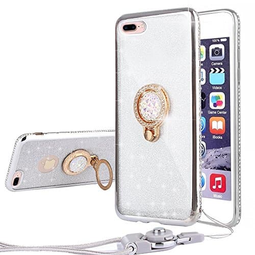 iPhone 8 Plus Case, SENCEE Cute Glitter Phone Case with Lanyard & Stand, Bling Diamond Rhinestone Bumper with Ring Kickstand Soft Protective Sparkly for Girl Women Cover Case for iPhone 8 Plus (Silver)