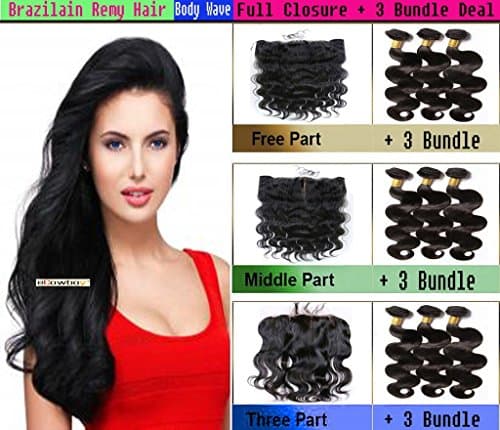 eCowboy 3 Bundle Pack Virgin Remy Body Wave With 13"X4" Lace Full Frontal Closure Complete Set Natural Hair Black #1B 10"12"14"+Closure10" Middle Part #1B