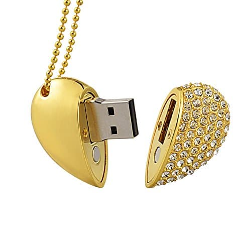 MAXINDA 64GB Crystal Heart USB Flash Drive 2.0 Memory Stick with Necklace (Gold)