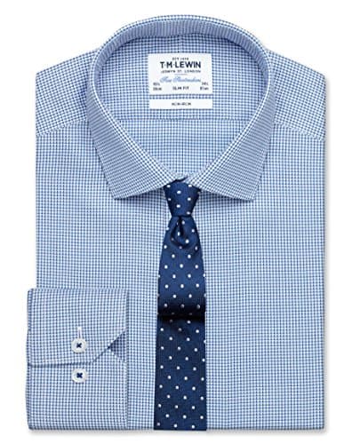 TM Lewin Non-Iron Slim Fit Semi Plain Blue Twill Shirt – Button Cuff 16H