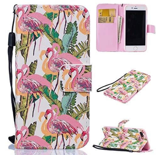 Yidaxing iPhone 7 PLUS Wallet Case, Premium PU Leather Flip Cover Colorful Pattern Design Shockproof Case with Hand Strap and Card Holder for iPhone 7 PLUS, Flamingo