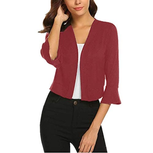 Lovor Womens Classic 3/4 Sleeve Open Front Cropped Cardigans Draped Lightweight Shrugs Cover Up