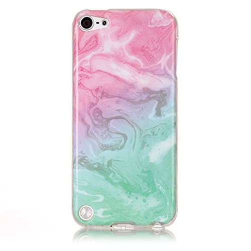 Jewby Ipod Touch 5/6 Case, Marble Printed Soft Back Cover for Ipod Touch 5/6 with a Free Screen Protector (Pink&Green)
