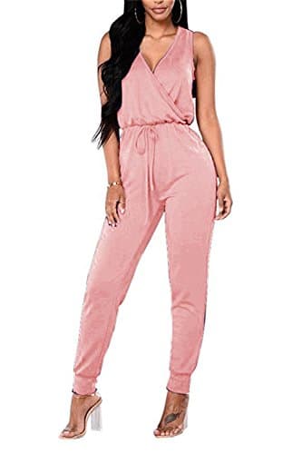 Women's Deep V Sleeveless Long Pants Plain Pocket Summer Drawstring Waisted Jumpsuits Rompers