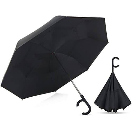 Large Reverse Folding Umbrella Inverted With C Handle Windproof Self Standing Auto Close| Upside Down Umbrella Protects From UV Rays & Keeps You Dry | Gifts For Men & Women by Broni | Black
