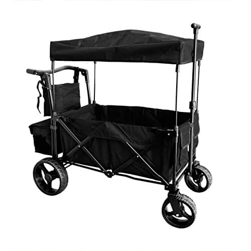 BLACK PUSH AND PULL HANDLE WITH WIDE OFF ROAD ALL TERRAIN TIRES FOLDING STROLLER WAGON COLLAPSIBLE BABY TROLLEY W/ CANOPY BEACH OUTDOOR SPORT GARDEN UTILITY SHOPPING TRAVEL CARTFREE CARRYING BAG