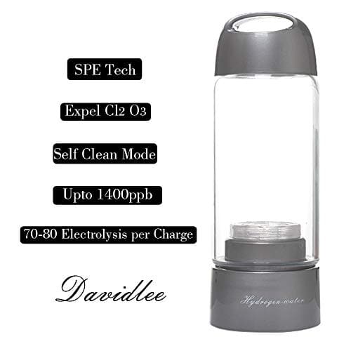 Davidlee Portable Hydrogen-Rich Generator Water Bottle SPE Technology Ionizer Mode 3 mins Self- cleaning Function High Concentration Discharge Ozone and Chlorine - 380ml F6