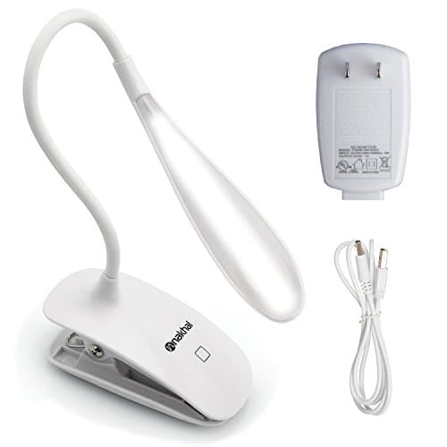 Nakhal 16 LED Rechargeable Book Light | Dimmable Touch Sensitive Reading Light | 3 Level Brightness | Flexible Clip-on Desk Lamp | USB Eyecare Table Light | UL Certified AC Adapter included | White