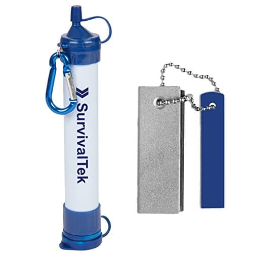 Personal Water Filter Purifier & Magnesium Flint Fire Starter PLUS Nylon Draw-String Carry Bag - For Camping, Hiking, Emergency Preparedness, Tactical & More