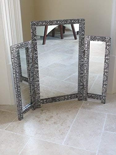 Silver Embossed Triple Tri-Fold Dressing Table Mirror by French Furniture