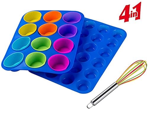 Muffin Pan 12 & 24 Mini+Large Cup Sizes Silicone Baking Bakeware Set:With Cupscake Liners+ Whisk BPA Free Non Stick Dishwasher Safe Blue Trays
