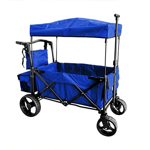 BLUE PUSH AND PULL HANDLE WITH WIDE OFF ROAD ALL TERRAIN TIRES BEACH OUTDOOR SPORT COLLAPSIBLE FOLDING STROLLER WAGON BABY TROLLEY W/ CANOPY GARDEN UTILITY SHOPPING TRAVEL CARTFREE CARRYING BAG