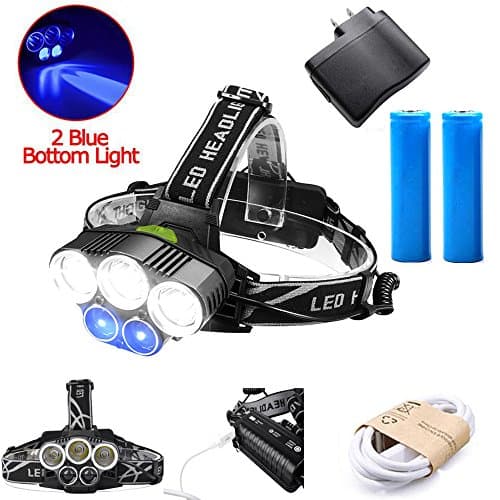 LED Headlamp,ustopfire Multi Function Micro USB Rechargeable Head Lamps,5 Modes 3xCREE XML-T6 + 2R2 blue light 18650 Headlamp with Charger and Battery,Outdoor Camping Biking Hunting Fishing Headlight