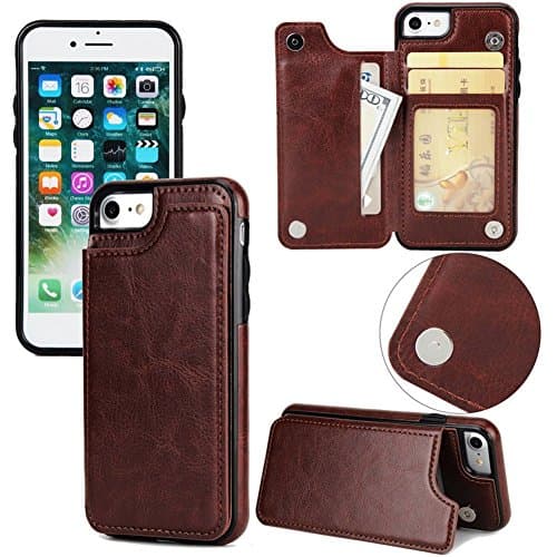 iPhone X Wallet Case,iPhone X Card Holder Case, Leather Kickstand Card Slots Case,Double Magnetic Clasp and Durable Shockproof Cover(Brown