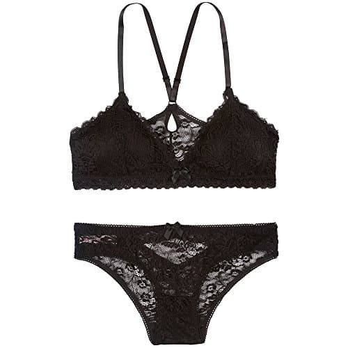 Urban People Unlined Plunge Pullover Style X Back Straps Wireless Lace Bralette and Pantie(Match Set) (32B-34A, Black, S)