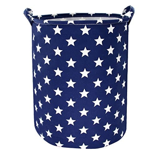 Jacone Cute Stars Pattern Design Laundry Hamper Ramie Cotton Fabric Waterproof Cylindric Storage Basket Bucket with Handles,Decorative and Convenient for Kids Bedroom (Blue)