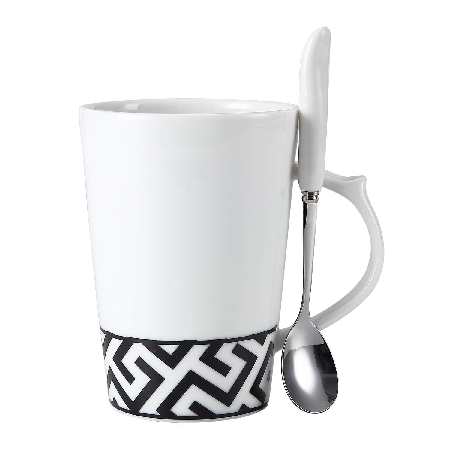 Coffee Tea Mug with Spoon Bone China Black and White 13 Ounce for Coffee, Tea, Cocoa, Dishwasher and Microwave safe