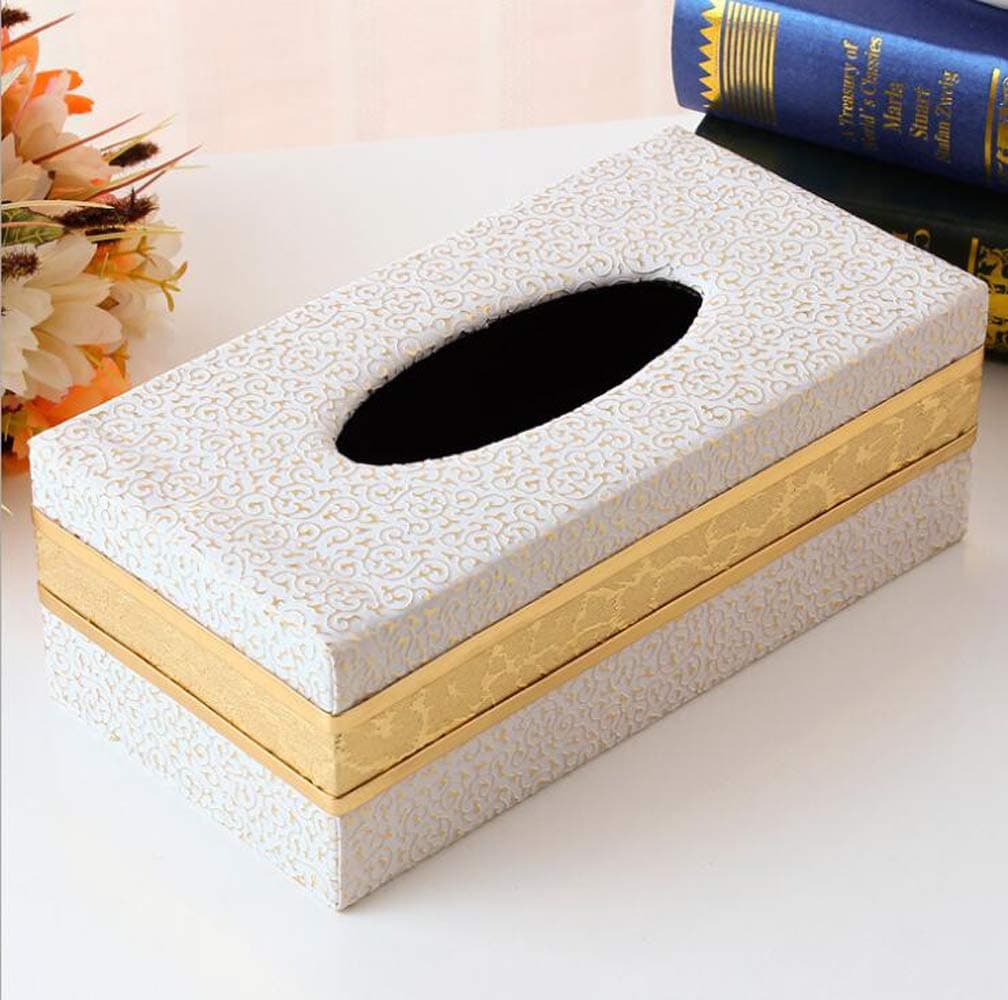 Leather Tissue Box Holder - Waterproof Rectangular Tissue Box Cover Vintage Napkin Paper Holder for Home,Office&Car Decor (White Clouds with Golden Rim) (Yellow.)