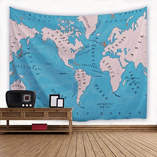 ROGERRAY World Map Ocean Current Tapestry Wall Art Hanging Bedspread Dorm Tapestry for Printing Picnic Blanket and Beach Throw (90" X 60")