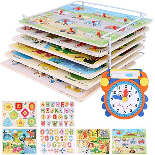 Wooden Toddler Puzzles and Rack - (6 Pack) Bundle with Storage Holder Rack and Learning Clock - Kids Educational Preeschool Peg Puzzles for Children Babies Boys Girls - Alphabet Numbers Zoo Cars Sha