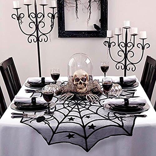 2 Pack Halloween Decorations Black Lace Spider Round Web Tablecloth Fireplace Table Topper Covers (Black B)