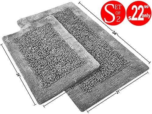 Value Homezz ( 2 Piece Bathmat Set ) Chenille 100% Super Soft Cotton Tufted Accent Bath Rugs Size 21 x 34 / 17 x 24 Non Skid High Absorbency & Durable Machine washable Bath Mat (Grey)