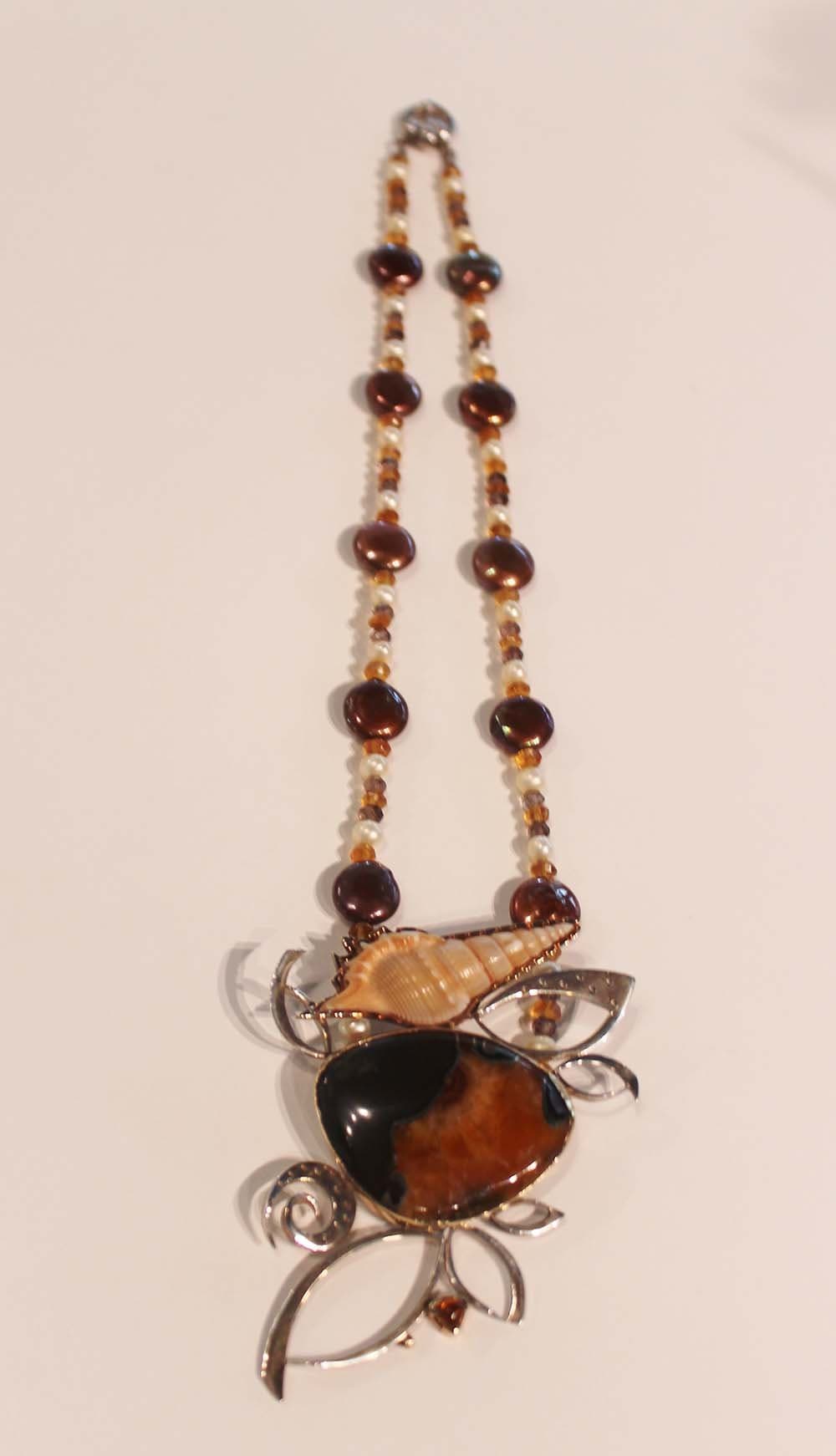 Barbara Umbel Unique Simbercite,Tibia shell,Citrine,smokey quartz,pearls,sterling silver handcrafted pendant pin.
