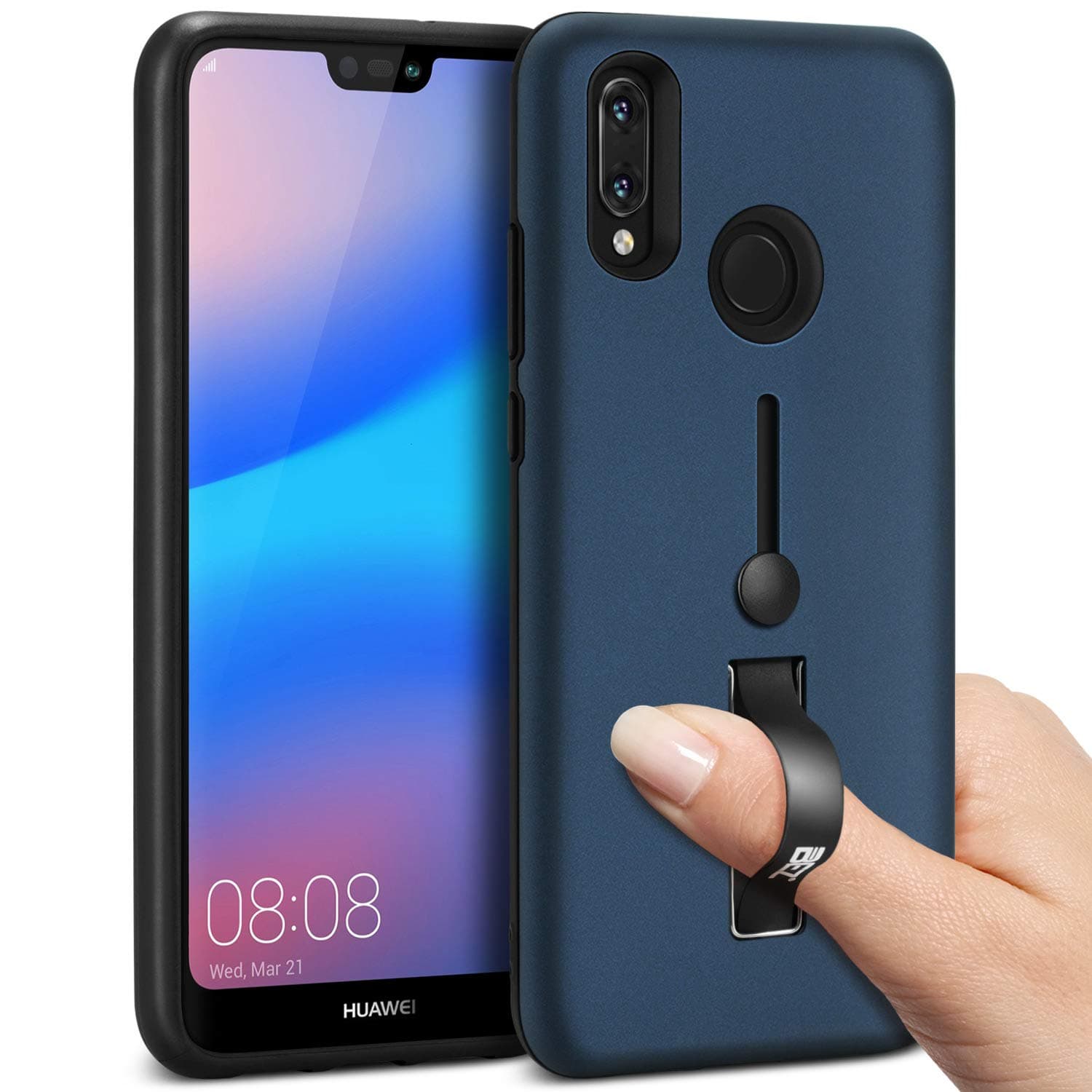 BEZ Case for Huawei P20 Lite Case, Finger Strap Cover Compatible with Huawei P20 Lite, Ring Holder Shock-Absorption Bumper with Stand Function, Blue Navy