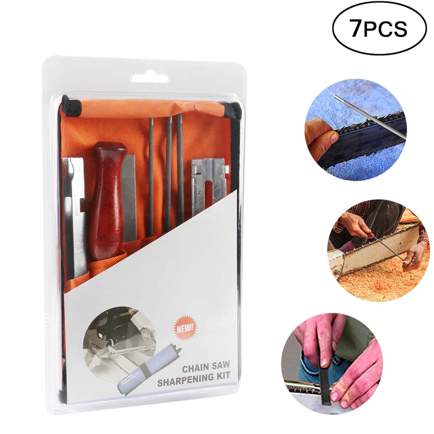 AMILE Chainsaw Sharpener Kit, Contains Depth Gauge, Hardwood Handle, Flat, Angle Guide Holder and 3, Round Files Size 5/32”, 3/16”, 7/32” with Work Bag