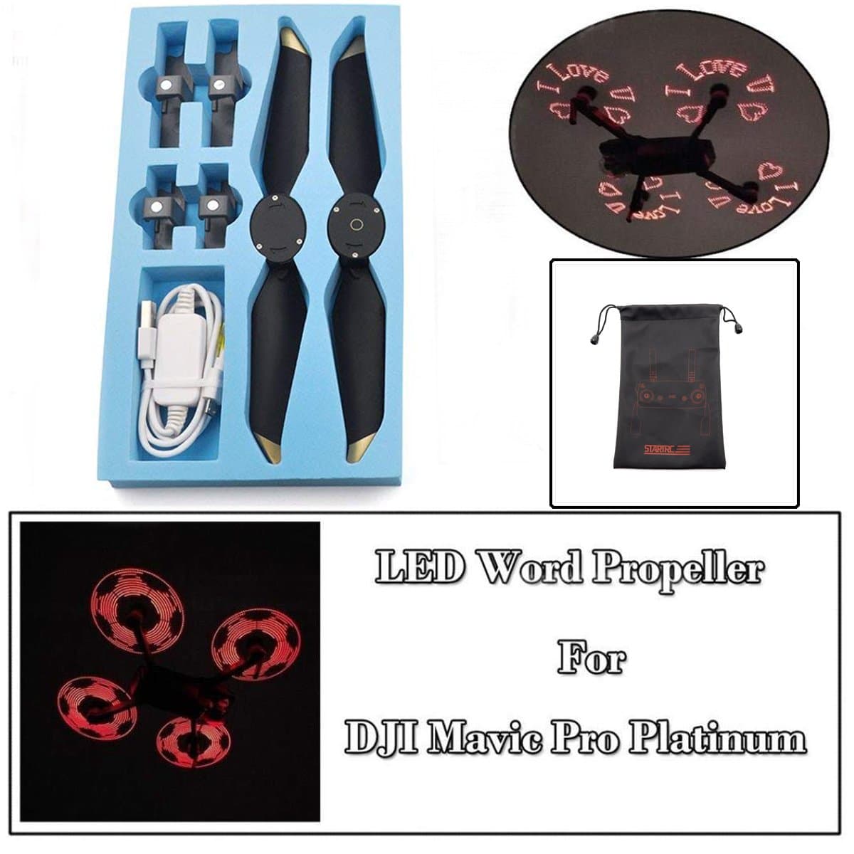 hezhixin Rechargeable Programmable LED Flash Word Propeller DIY Low-Noise Quick-Release Props for DJI Mavic Pro / Platinum