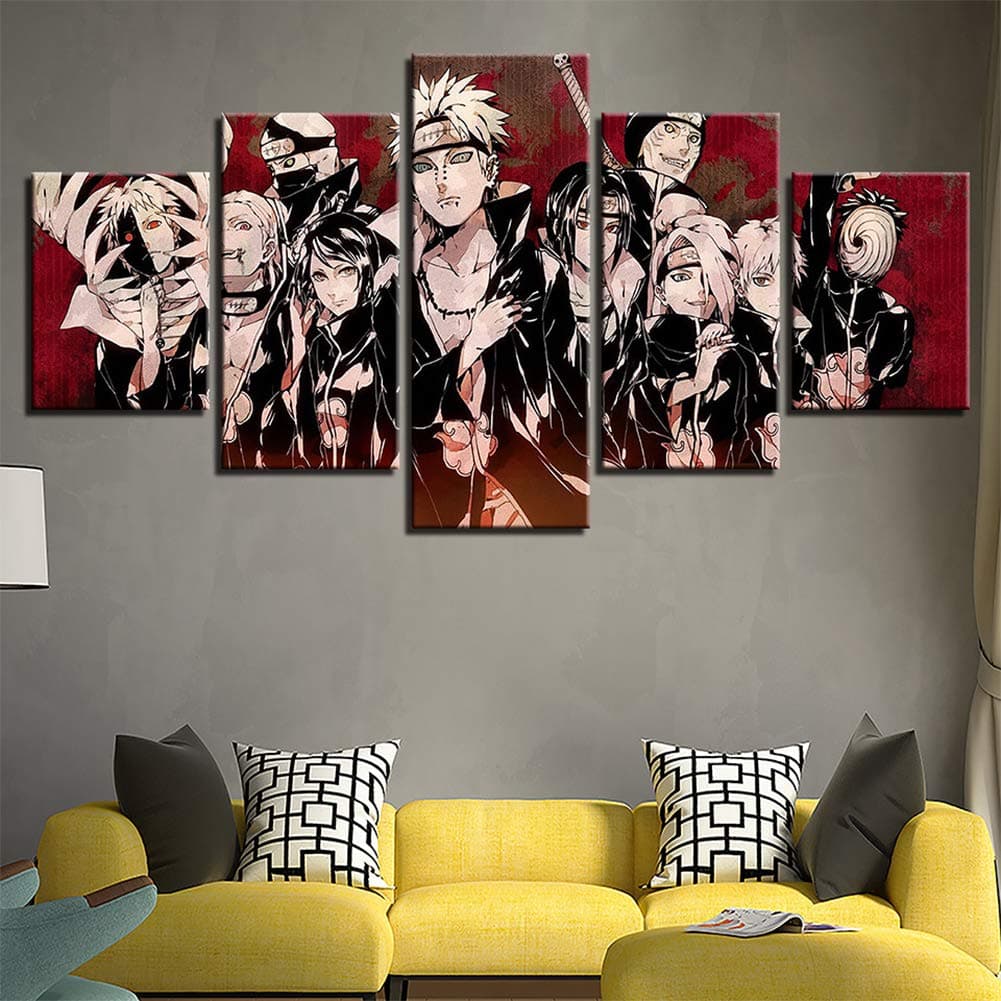 Fxwj Print Artwork Wall Art Naruto Characters Poster 5 Panel Canvas Prints Picture On Modern Decor Ready to Hang Decoration,Woodenframed,100X55cm