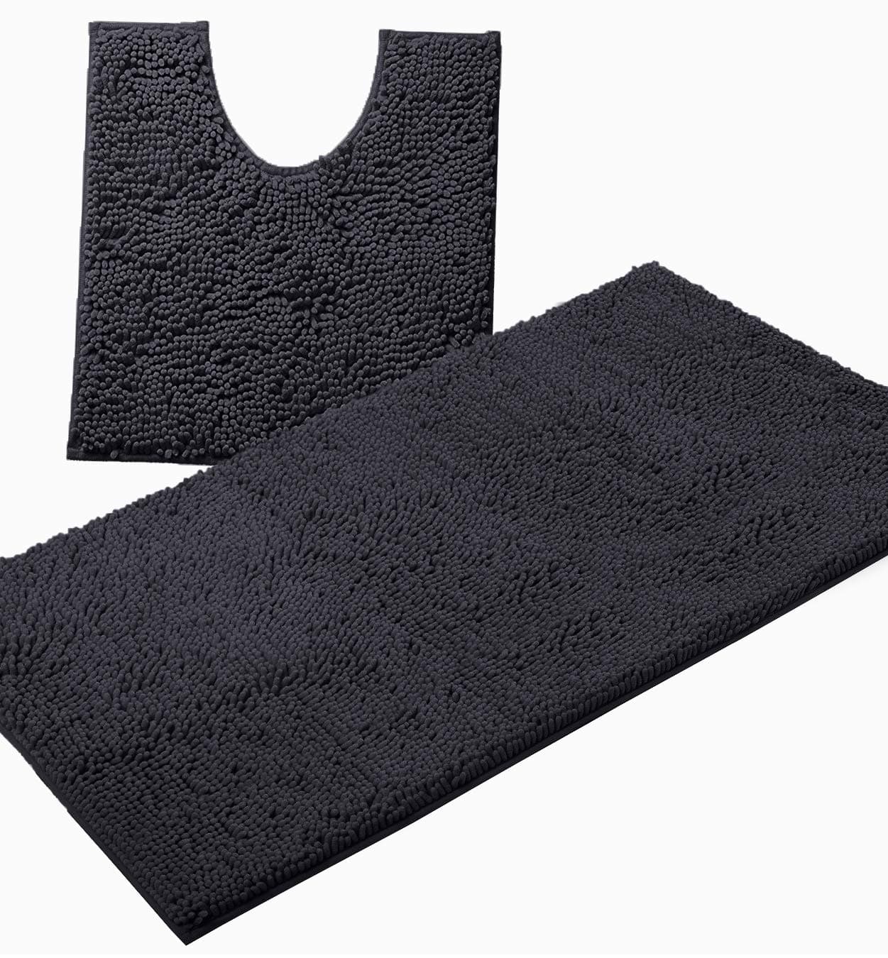 Bathroom Rugs Sets 2 Piece, Luxury Chenille Bath Mat Set, Soft Plush Anti-Slip Bath Rug + U-Shaped Toilet Mat. Microfiber Shaggy Carpet, Super Absorbent. (36'' X 24'' Plus 23'' x 20'' U, Charcoal)